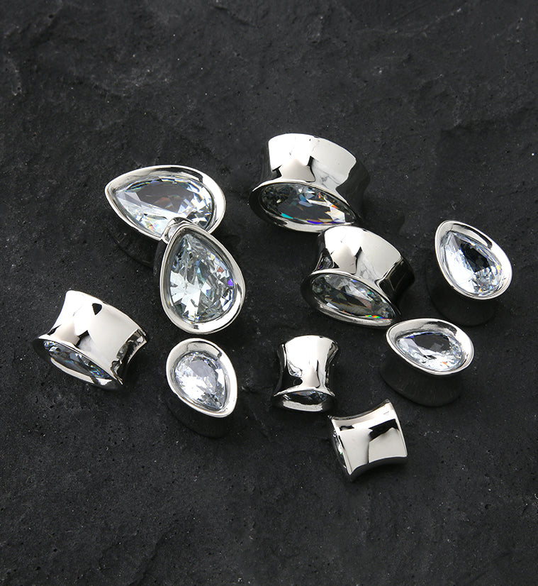 Teardrop Clear CZ Stainless Steel Tunnels