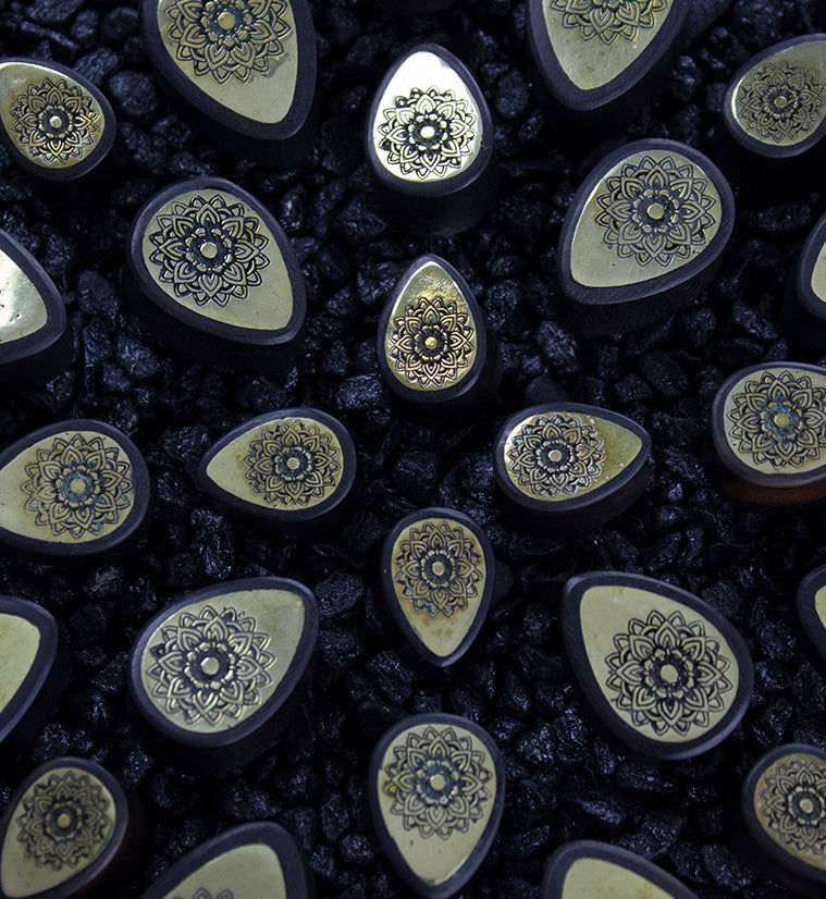 Areng Wooden Teardrop Plugs with Mandala Brass Inlay