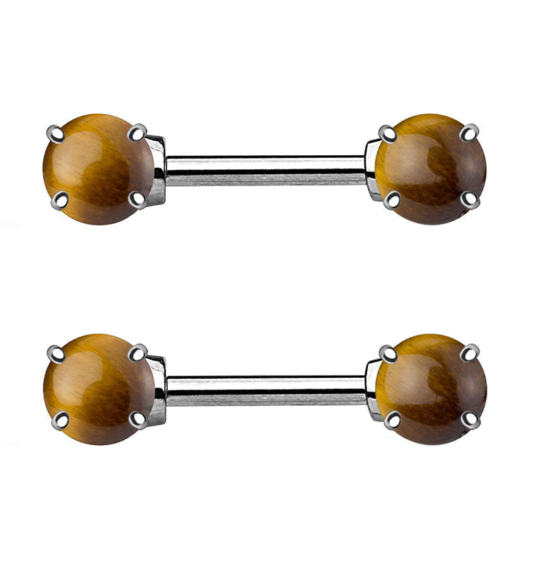 14G Double Tiger Eye Stone Nipple Ring Barbell