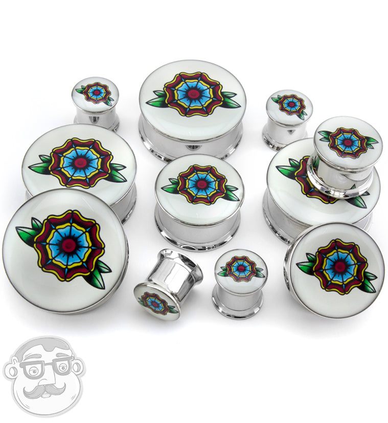 Traditional Flower Tattoo Steel Plugs