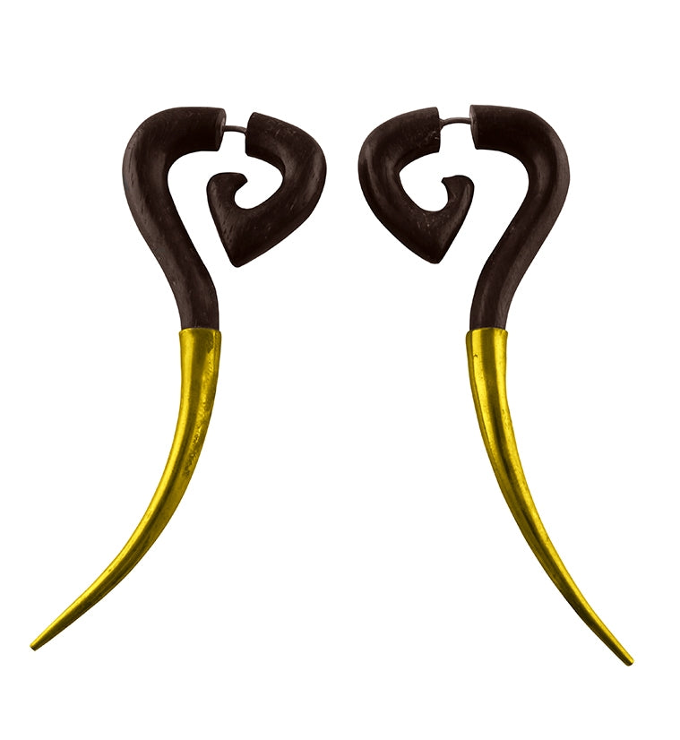 Sono Wood Fake Gauge Tri Point Spirals with Brass Ends