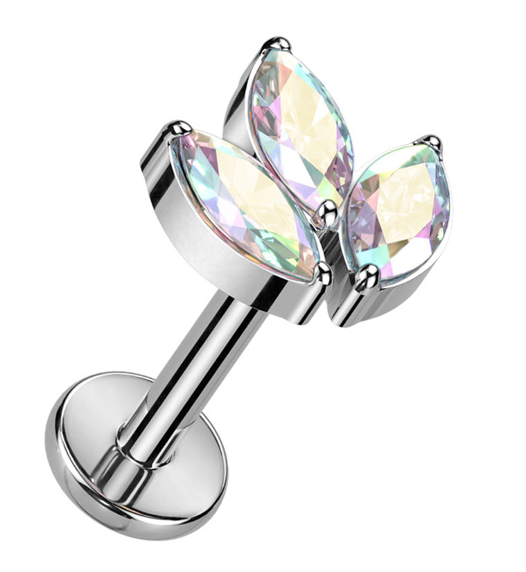 Tri Sepal Rainbow Aurora CZ Titanium Internally Threaded Labret