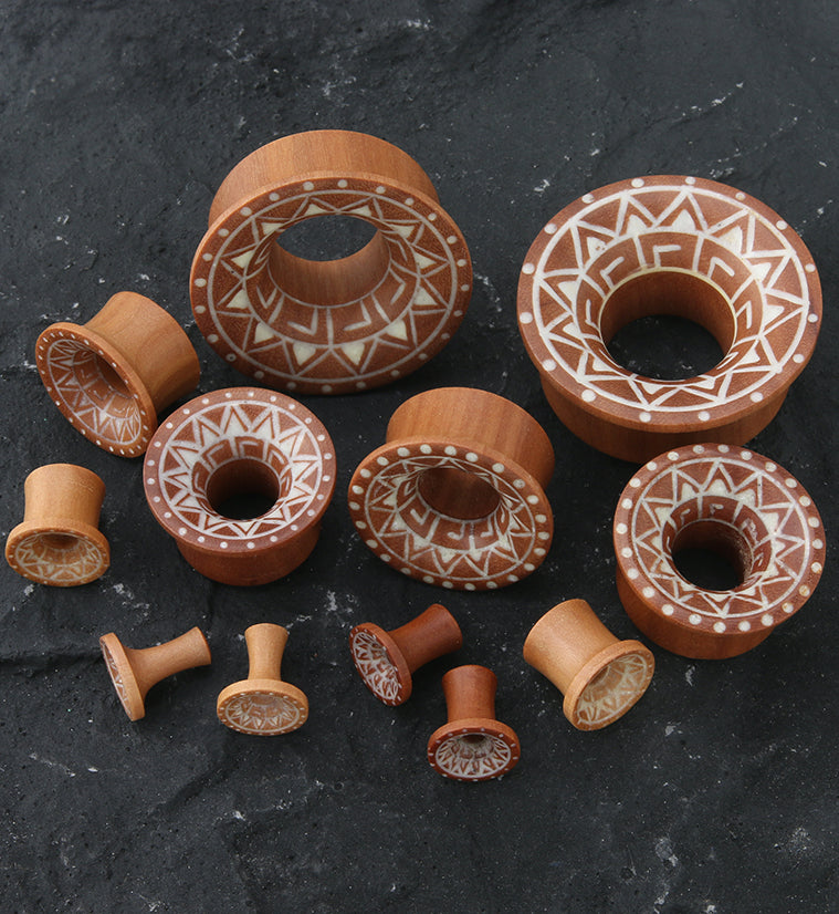 Saba Wood Mayan Flare Tunnels With Tribal Inlay