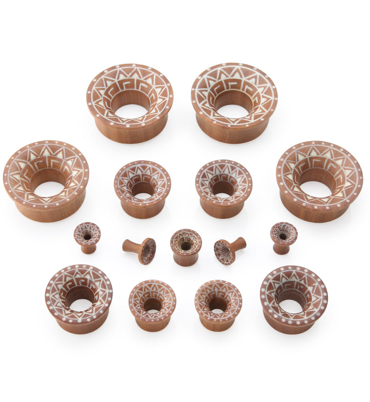 Saba Wood Mayan Flare Tunnels With Tribal Inlay