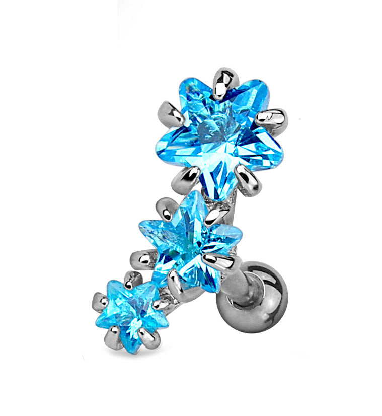 Aqua Triple Star CZ Tragus / Cartilage Barbell