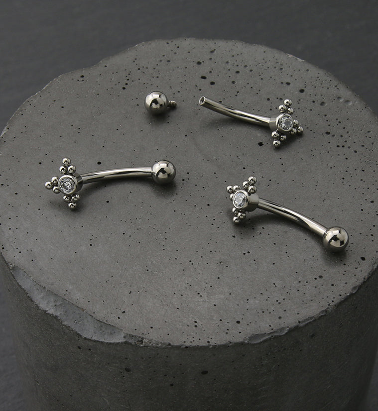 Triple Bead CZ Internally Threaded Titanium Curved Barbell