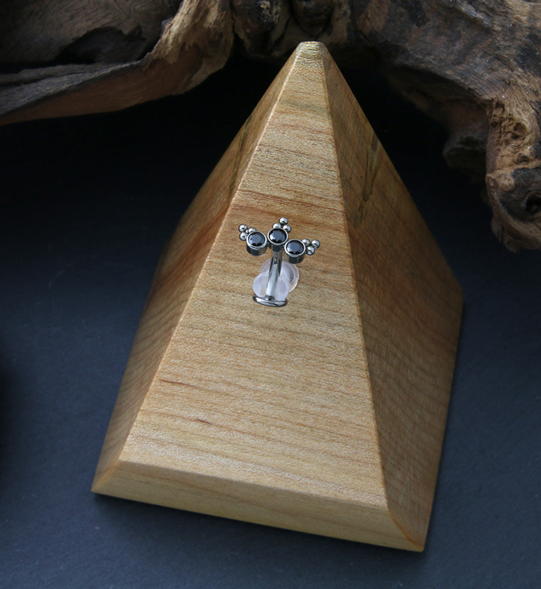 Triple Beaded Black CZ Titanium Threadless Floating Belly Button Ring (Convex Disk)