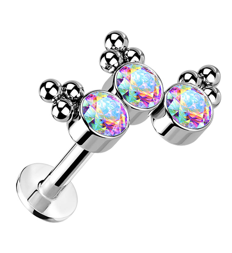 Triple Beaded Rainbow Aurora CZ Curve Titanium Threadless Labret