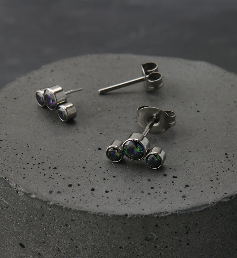 Triple Black Aurora CZ Titanium Threadless Earrings