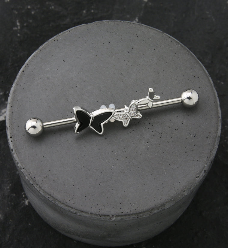 Triple Butterfly Shadow Clear CZ Industrial Barbell