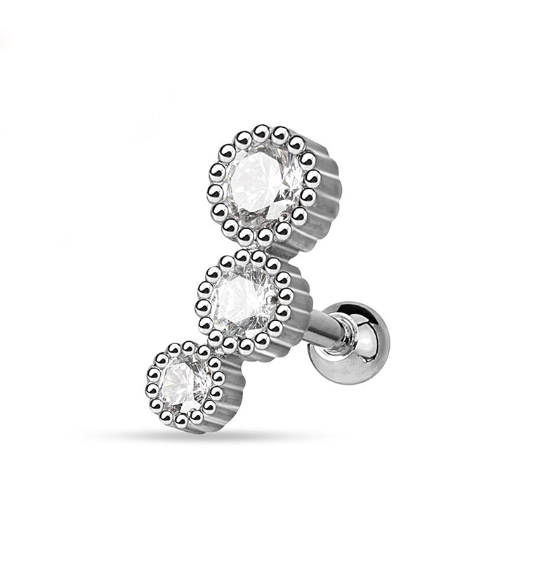 Triple Annular CZ Steel Tragus / Cartilage Barbell