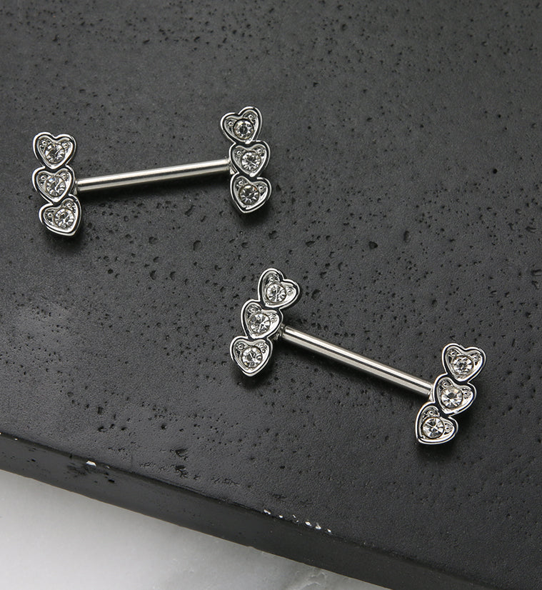 Triple Heart Clear CZ Stainless Steel Nipple Barbell