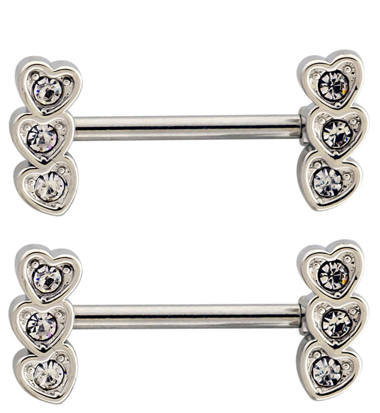 Triple Heart Clear CZ Stainless Steel Nipple Barbell