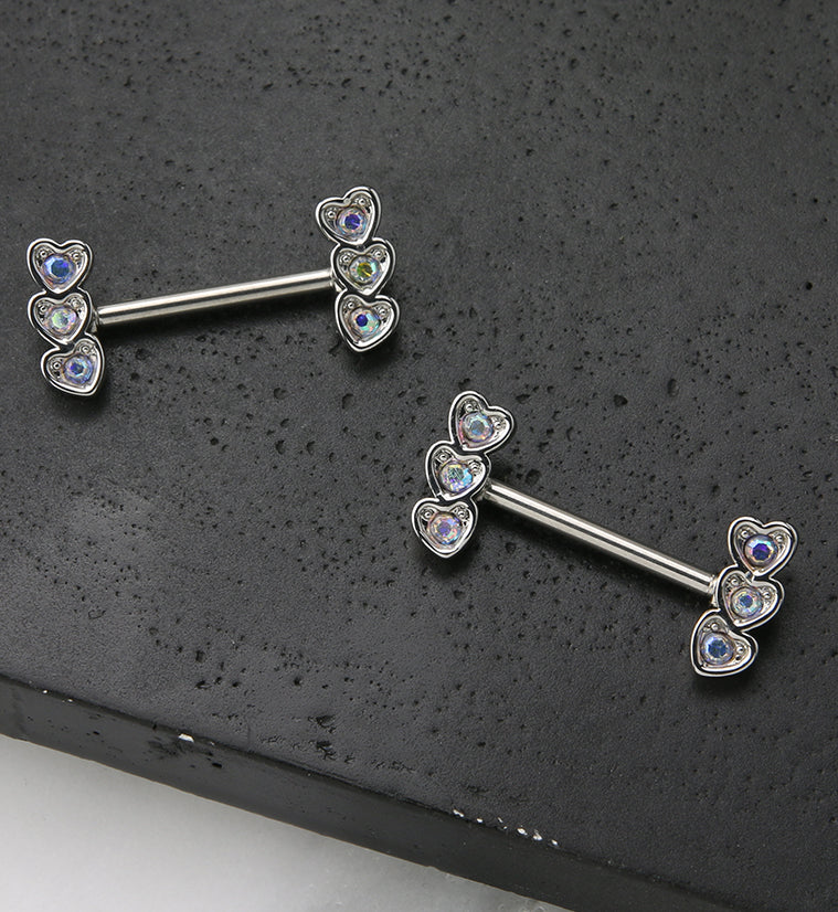 Triple Heart Rainbow Aurora CZ Stainless Steel Nipple Barbell