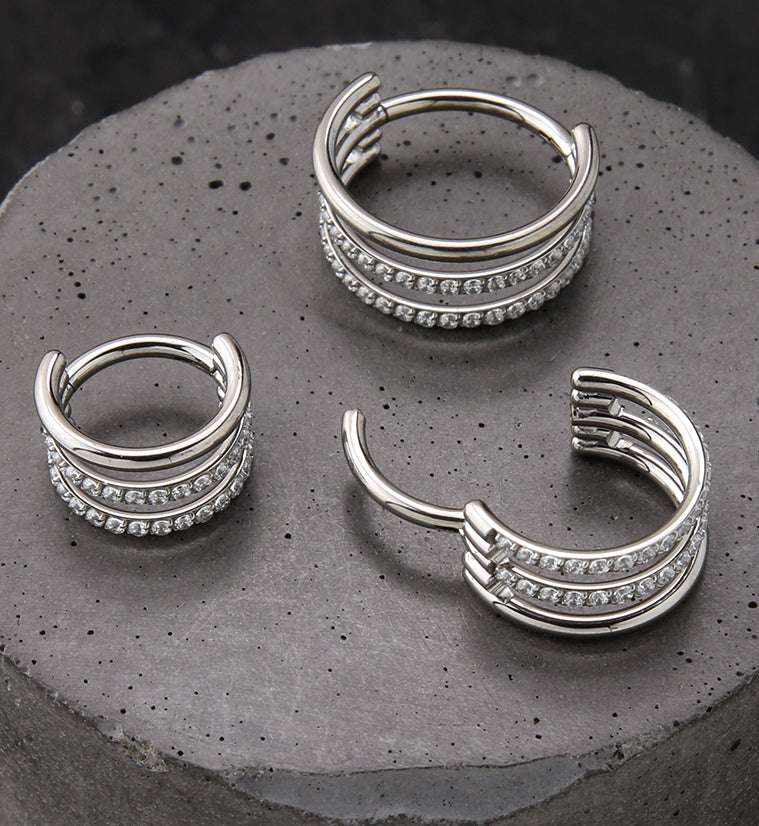Triple Interval Double CZ Row Titanium Hinged Segment Ring