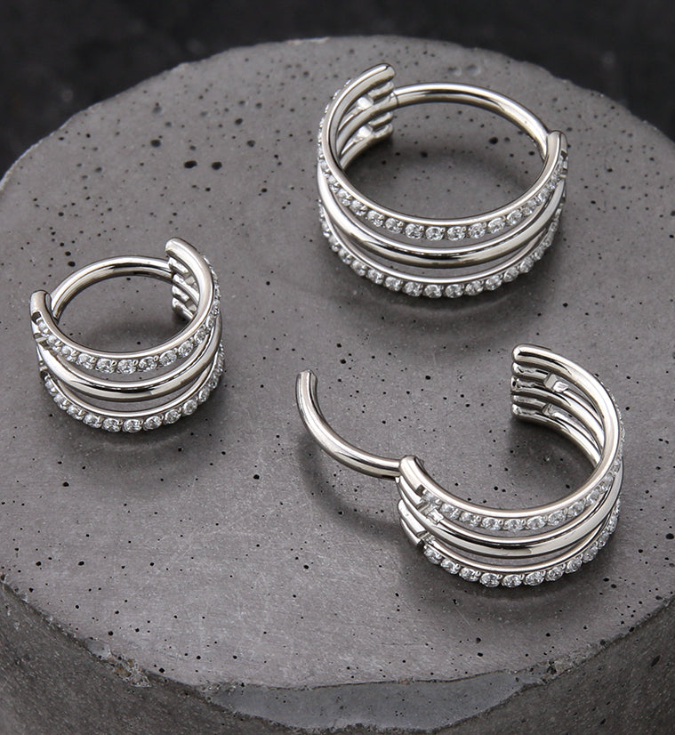 Triple Interval Double Outer CZ Row Titanium Hinged Segment Ring