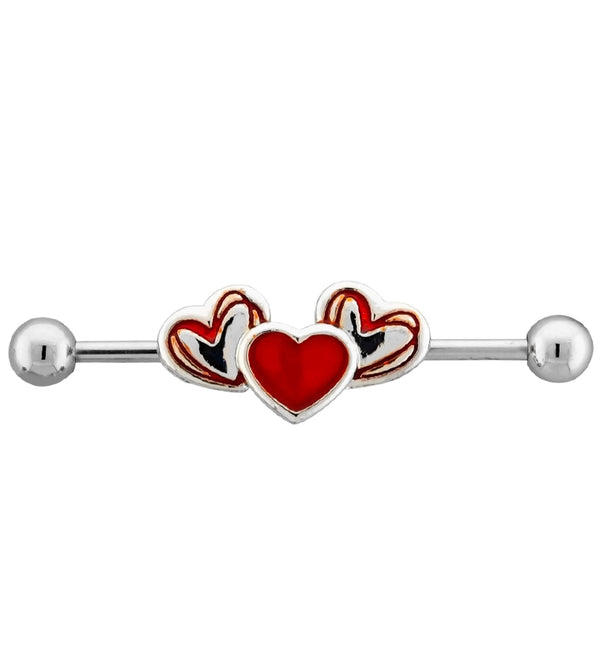 Triple Red Heart CZ Industrial Barbell