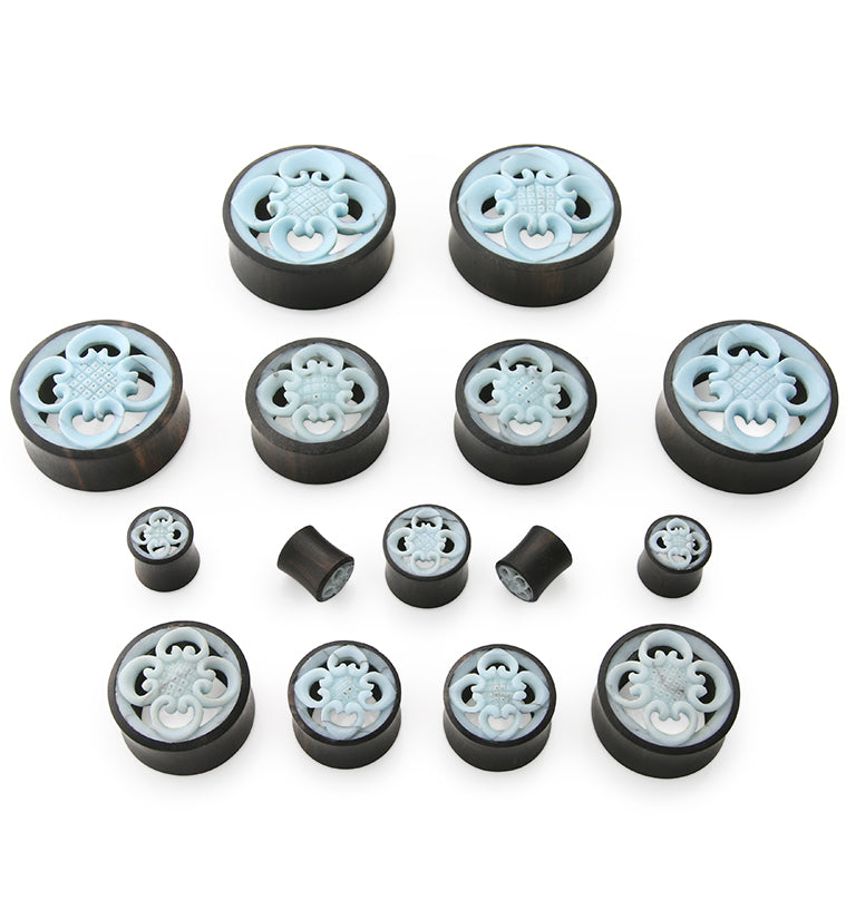 Blue Floral Carved Wooden Plugs