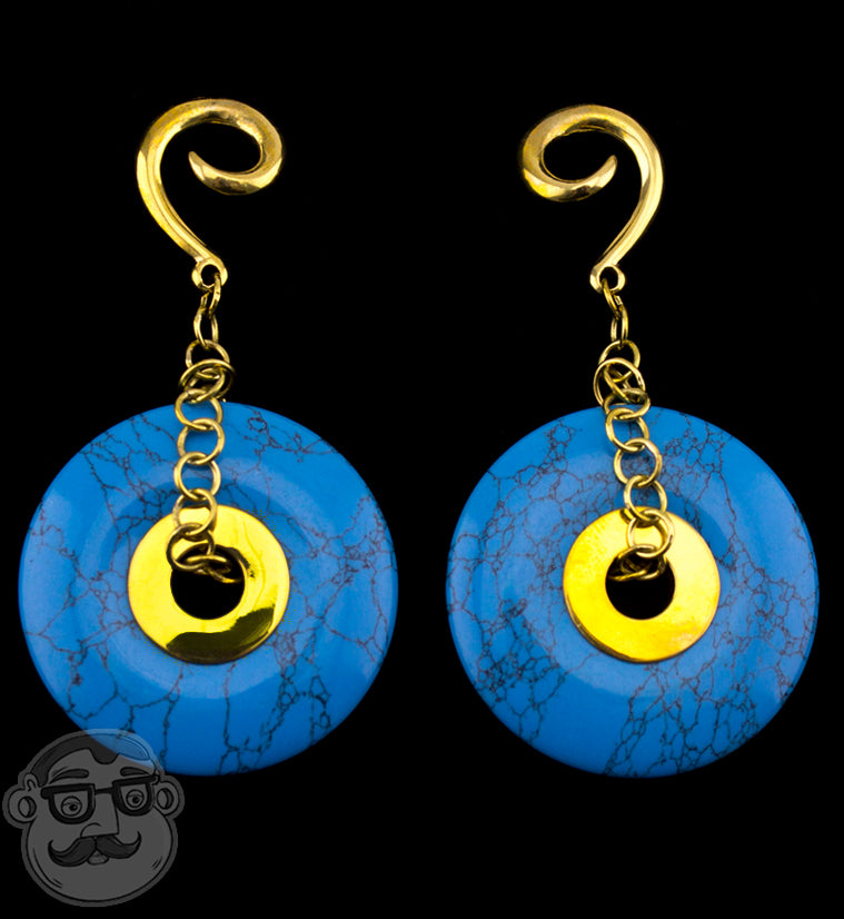 Turquoise Howlite Stone Disk Brass Ear Weights