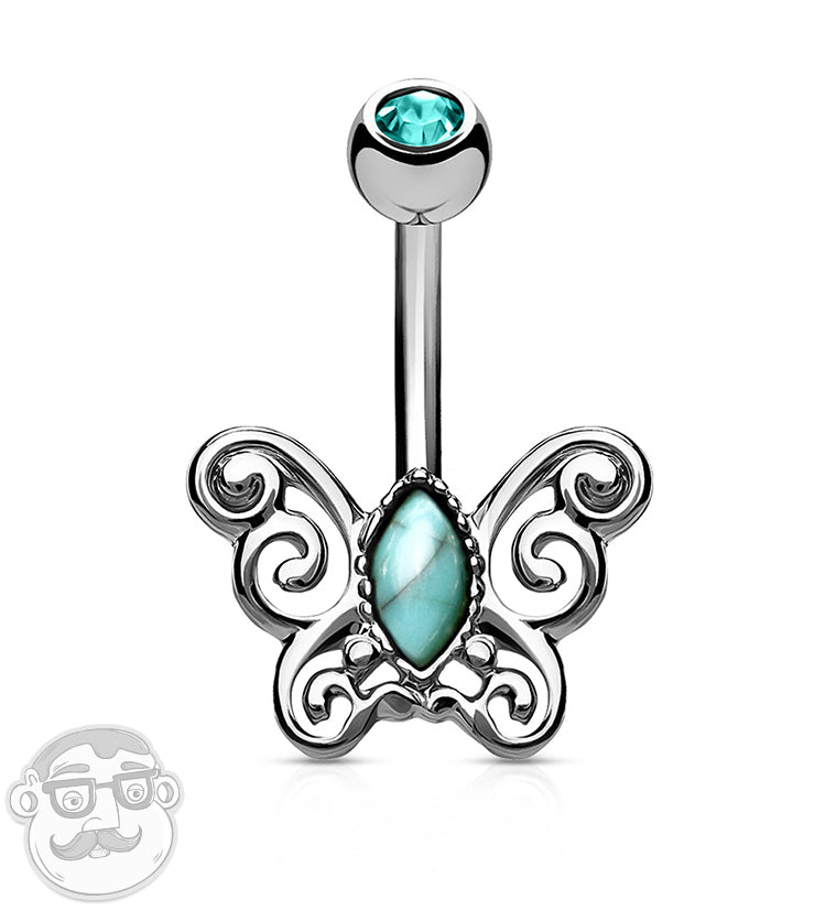 Ornamental Butterfly with Turquoise Inlay Belly Button Ring