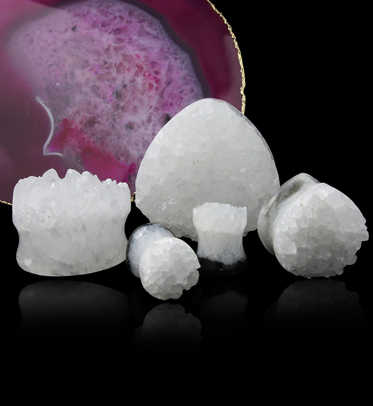 White Agate Druzy Stone Teardrop Plugs