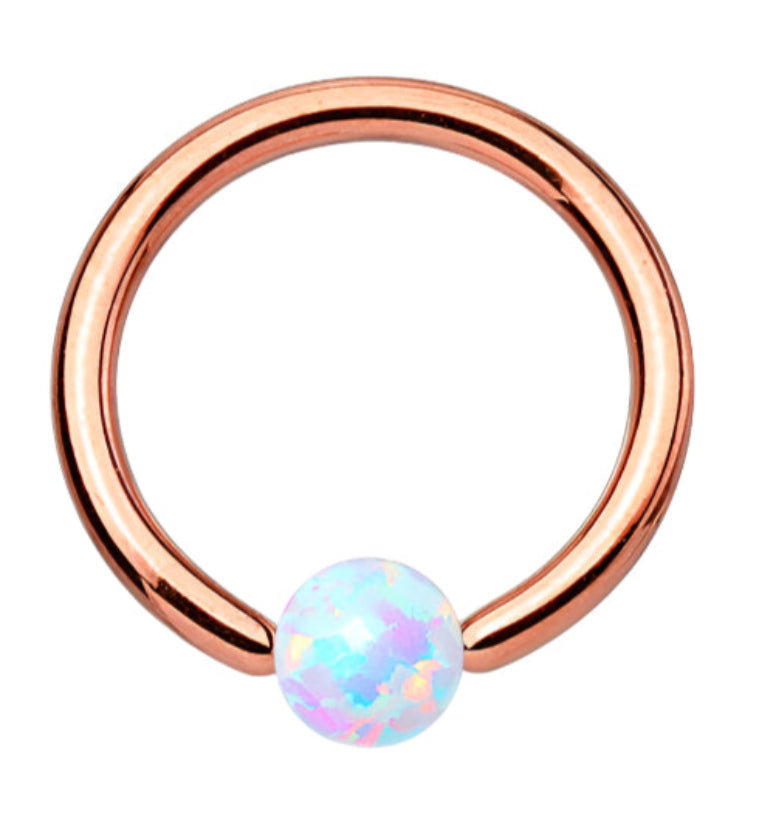 IP Rose Gold Captive Ring With White Opalite Bead