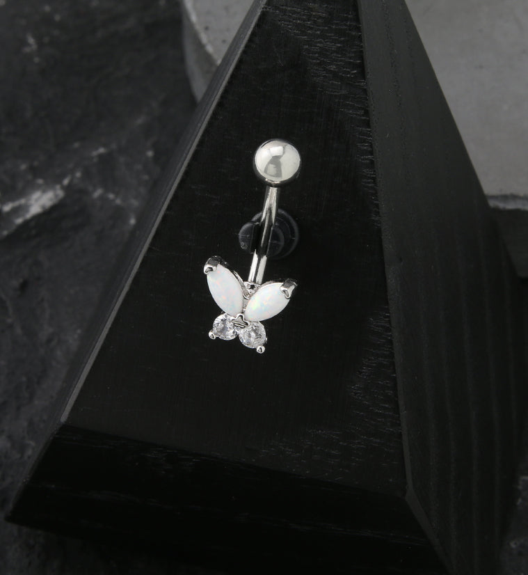 White Opalite Butterfly CZ Stainless Steel Belly Button Ring