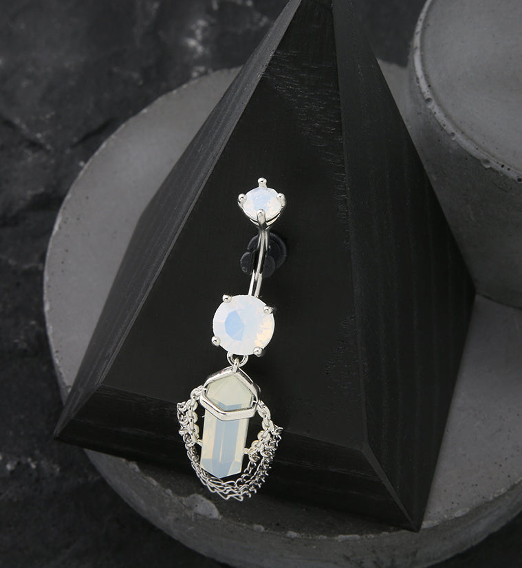 White Opalite Crystal Multi Dangle Chain Stainless Steel Belly Button Ring