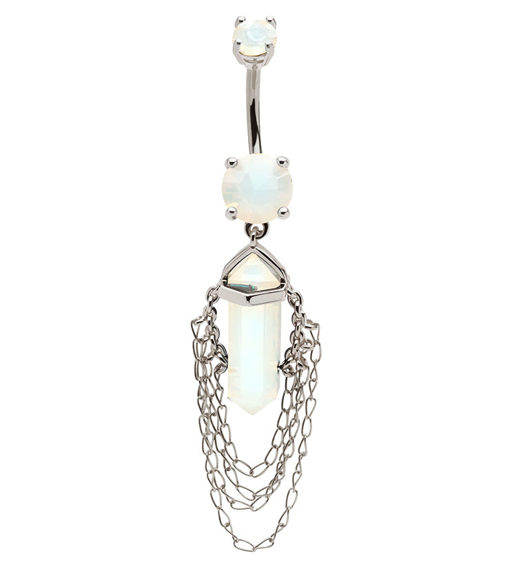 White Opalite Crystal Multi Dangle Chain Stainless Steel Belly Button Ring