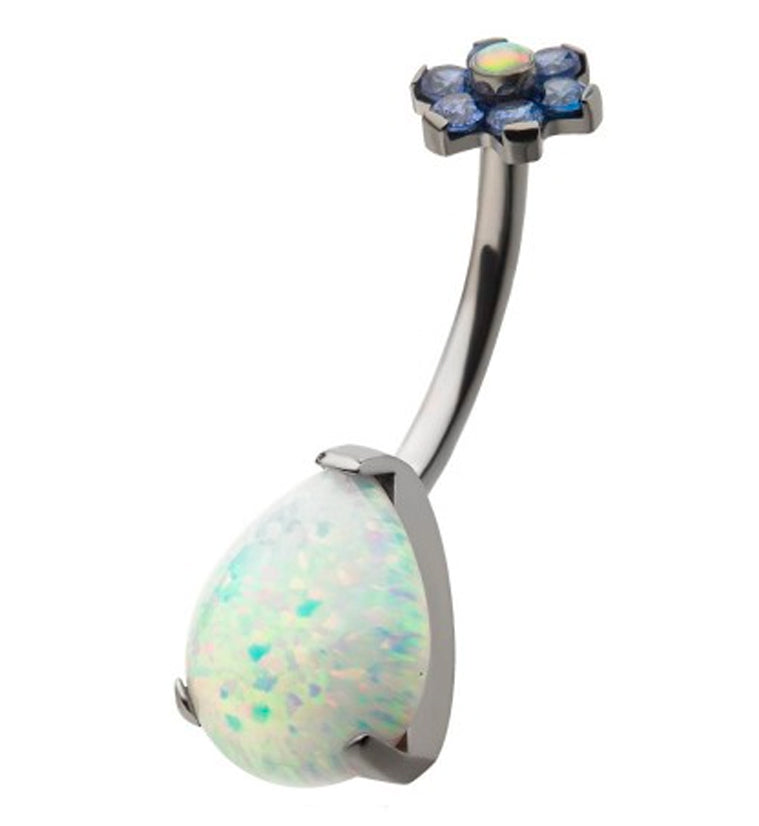 White Opalite Teardrop Tanzanite CZ Flower Titanium Belly Button Ring