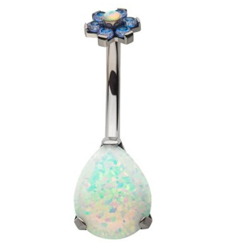 White Opalite Teardrop Tanzanite CZ Flower Titanium Belly Button Ring