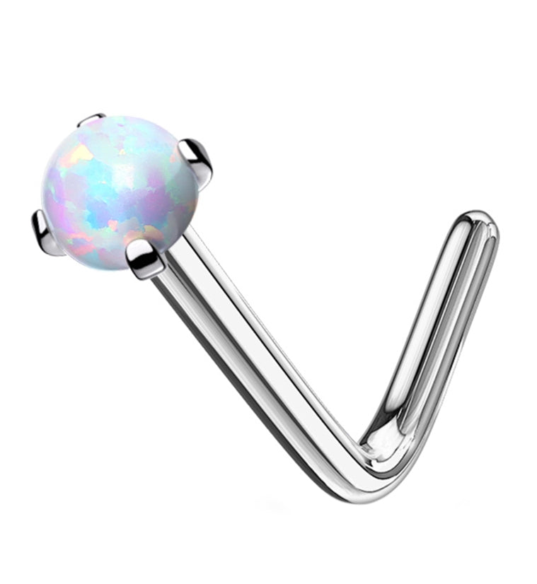 White Opalite Prong Set L Bend Nose Stud
