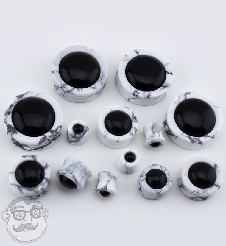 White Howlite Stone Plugs with Obsidian Stone Inlay