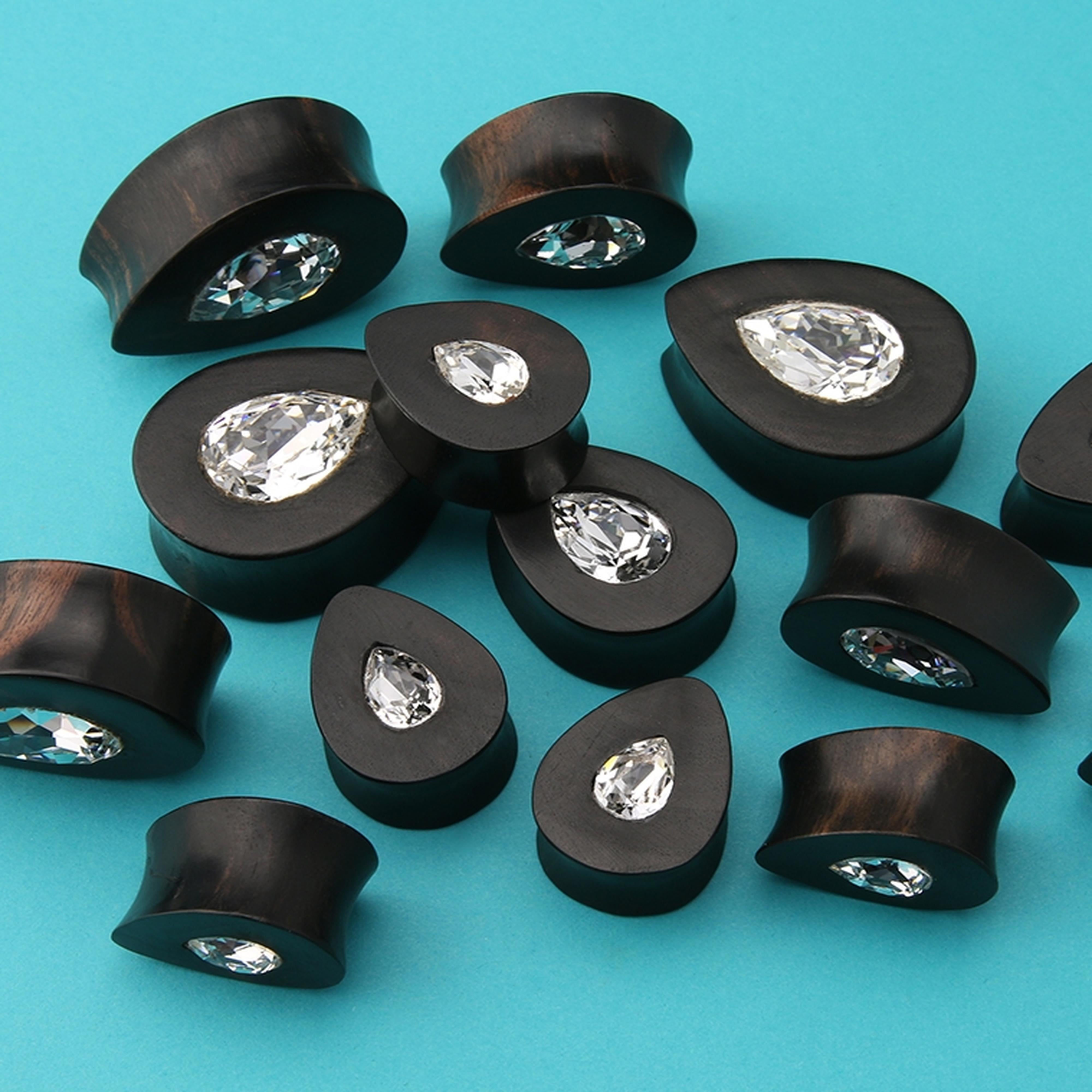 Areng Wooden Teardrop Plugs with Teardrop Swarovski CZ Inlay