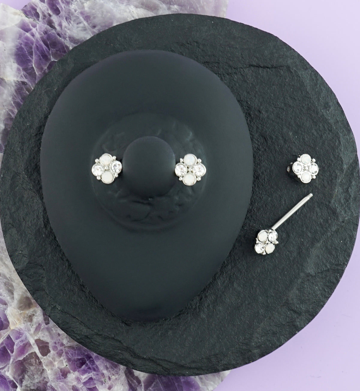 14G CZ & Opalite Cluster Nipple Ring Barbell