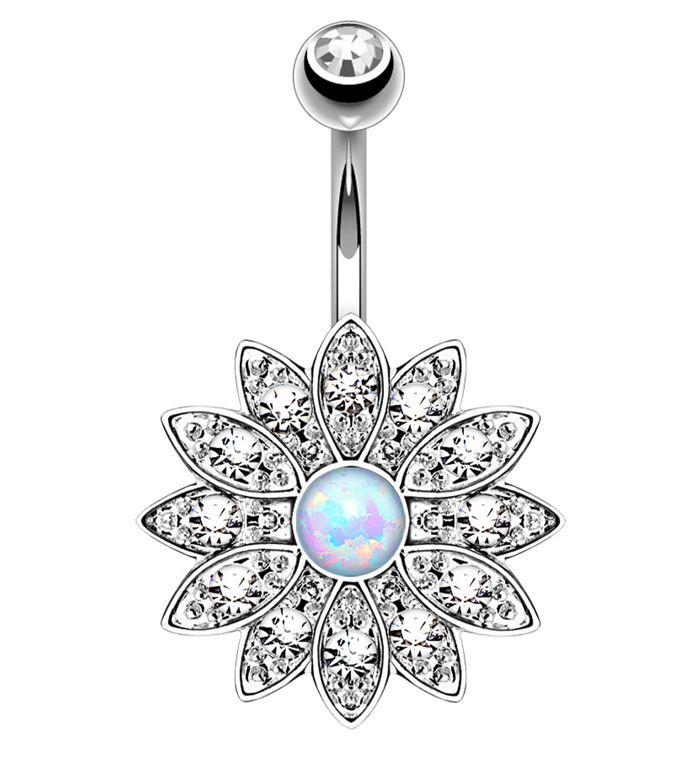 Flower with Rainbow Aurora CZ Gem Belly Button Ring