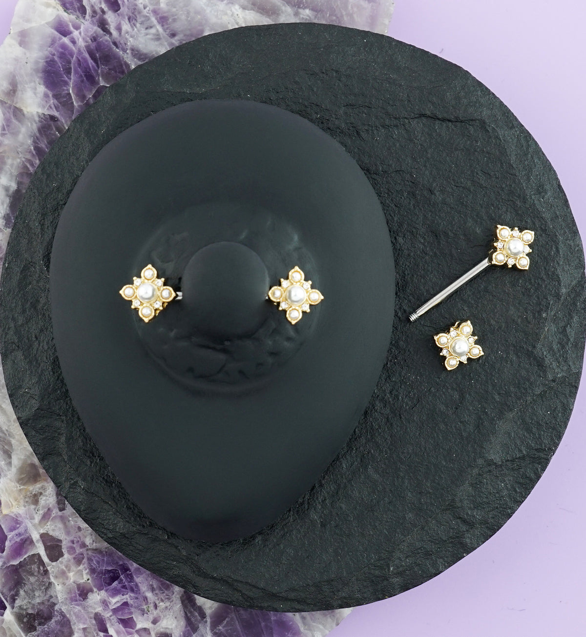 14G Gold Pearly Poly Nipple Ring Barbell