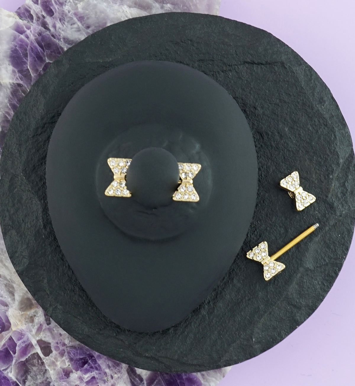 14G Golden Bow Tie Gem Nipple Rings Barbell
