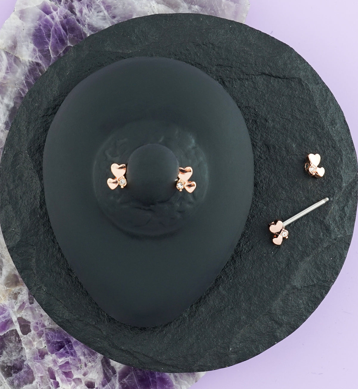 14G Rose Gold Double Heart Nipple Ring Barbell