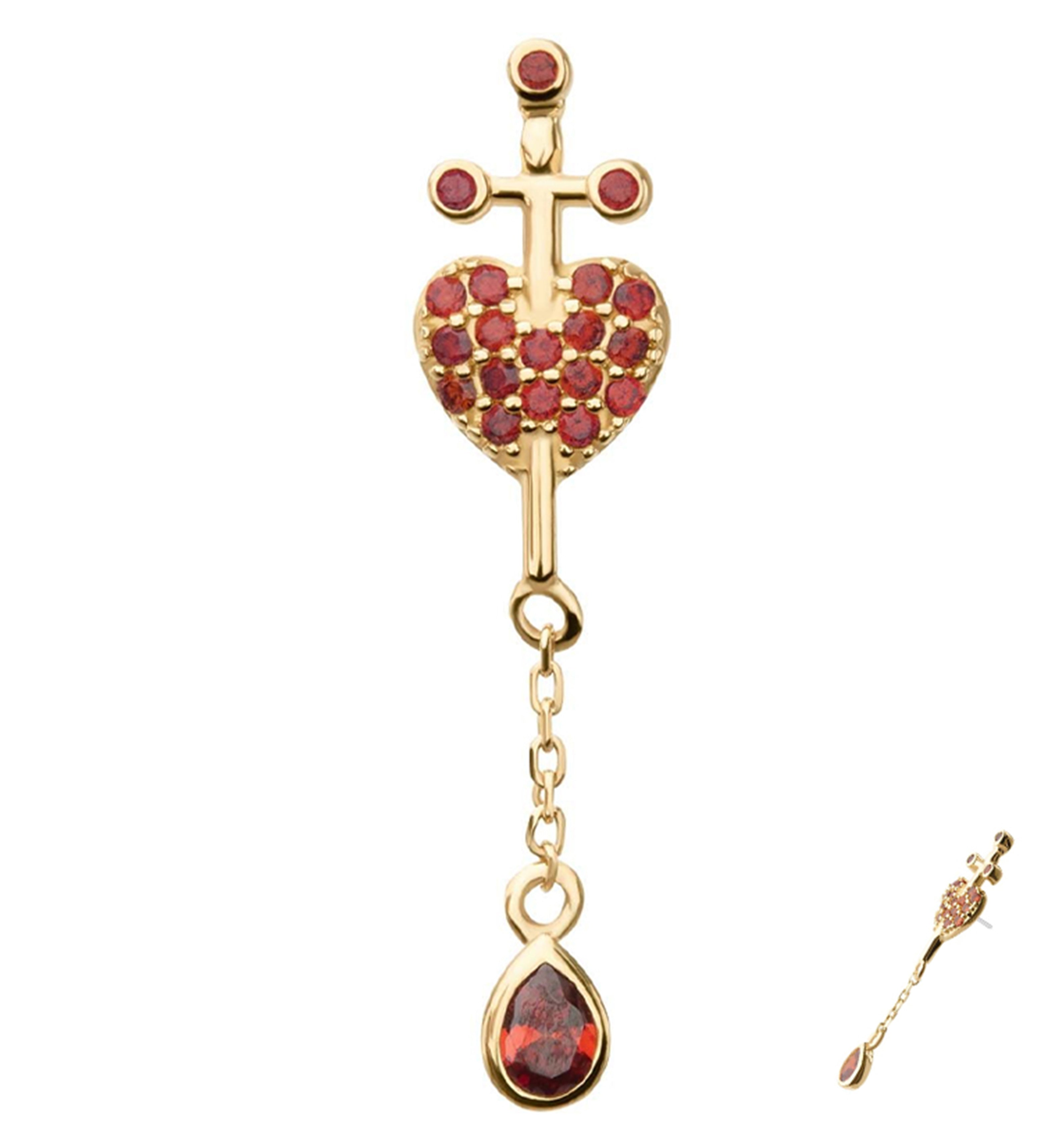 14kt Gold Heart Dagger Red CZ Dangle Threadless Top
