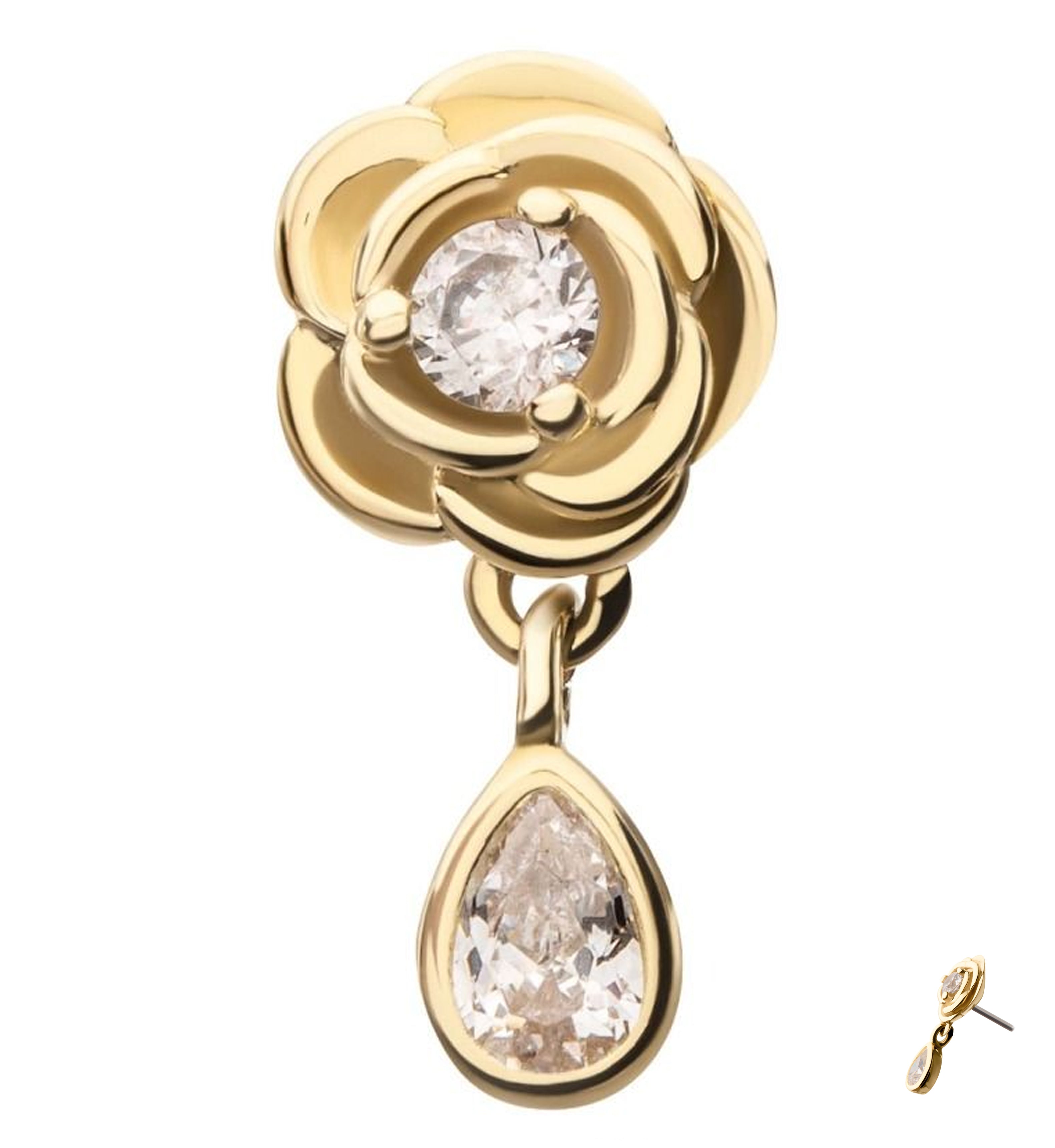 14kt Gold Rose Dangle Teardrop Clear CZ Threadless Top