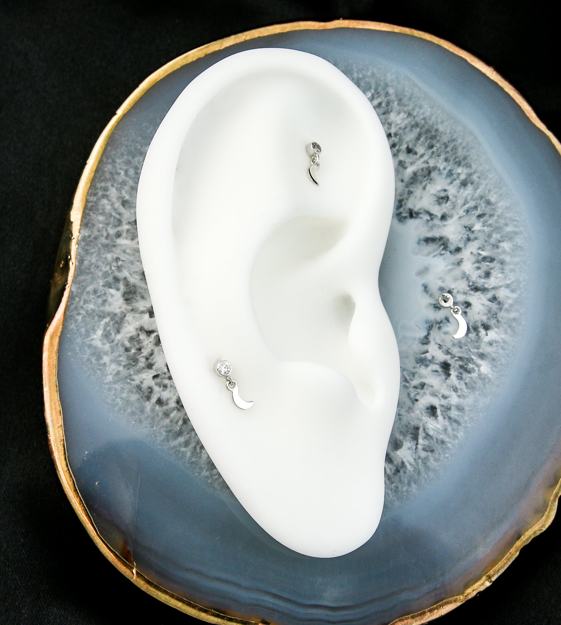 14kt White Gold Celestial Half Moon Dangle CZ Threadless Top