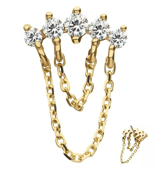 14kt Gold Arc Clear CZ Double Dangle Chains Threadless Top