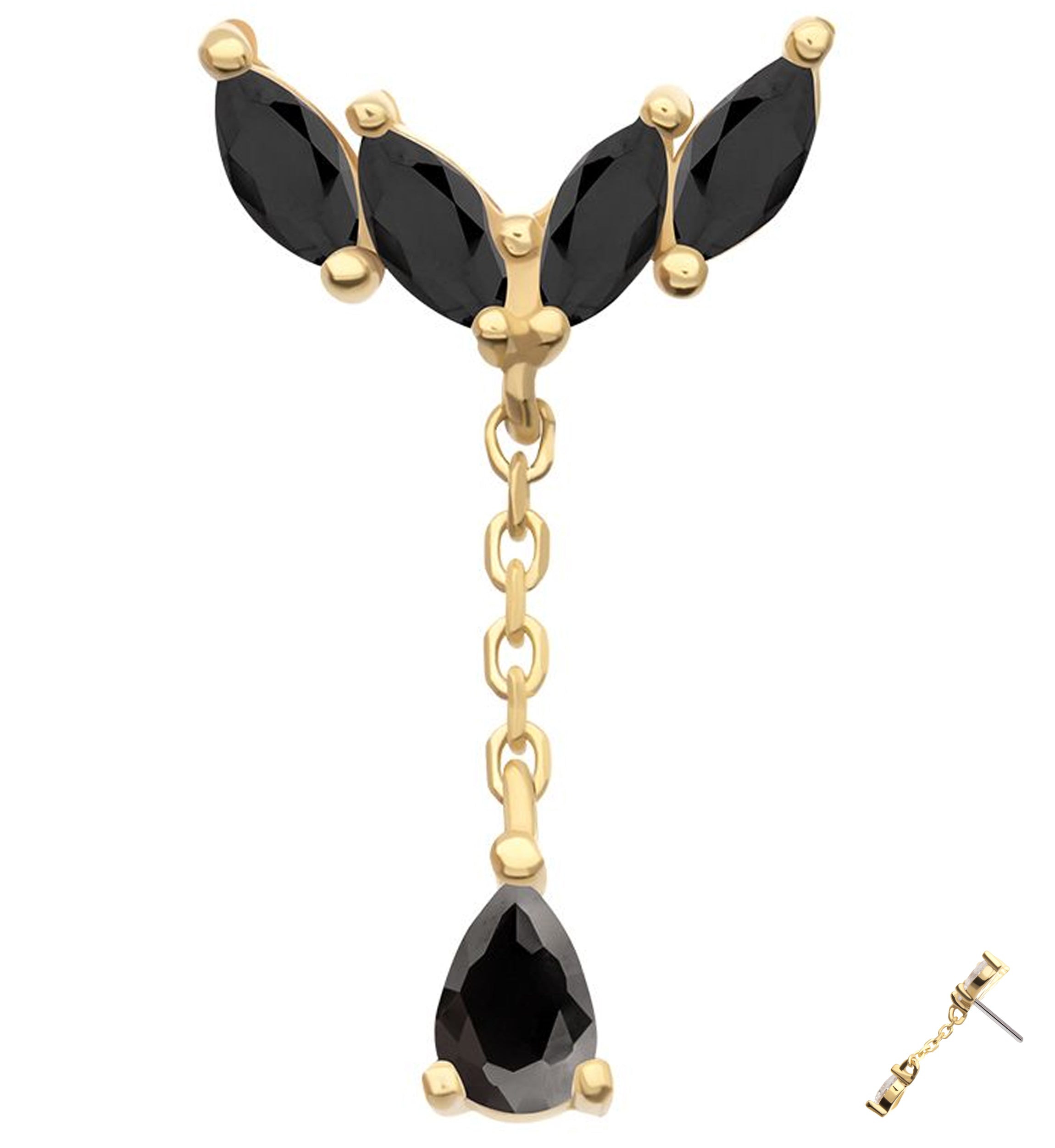 14kt Gold Arrow Marquise Black CZ Dangle Threadless Top