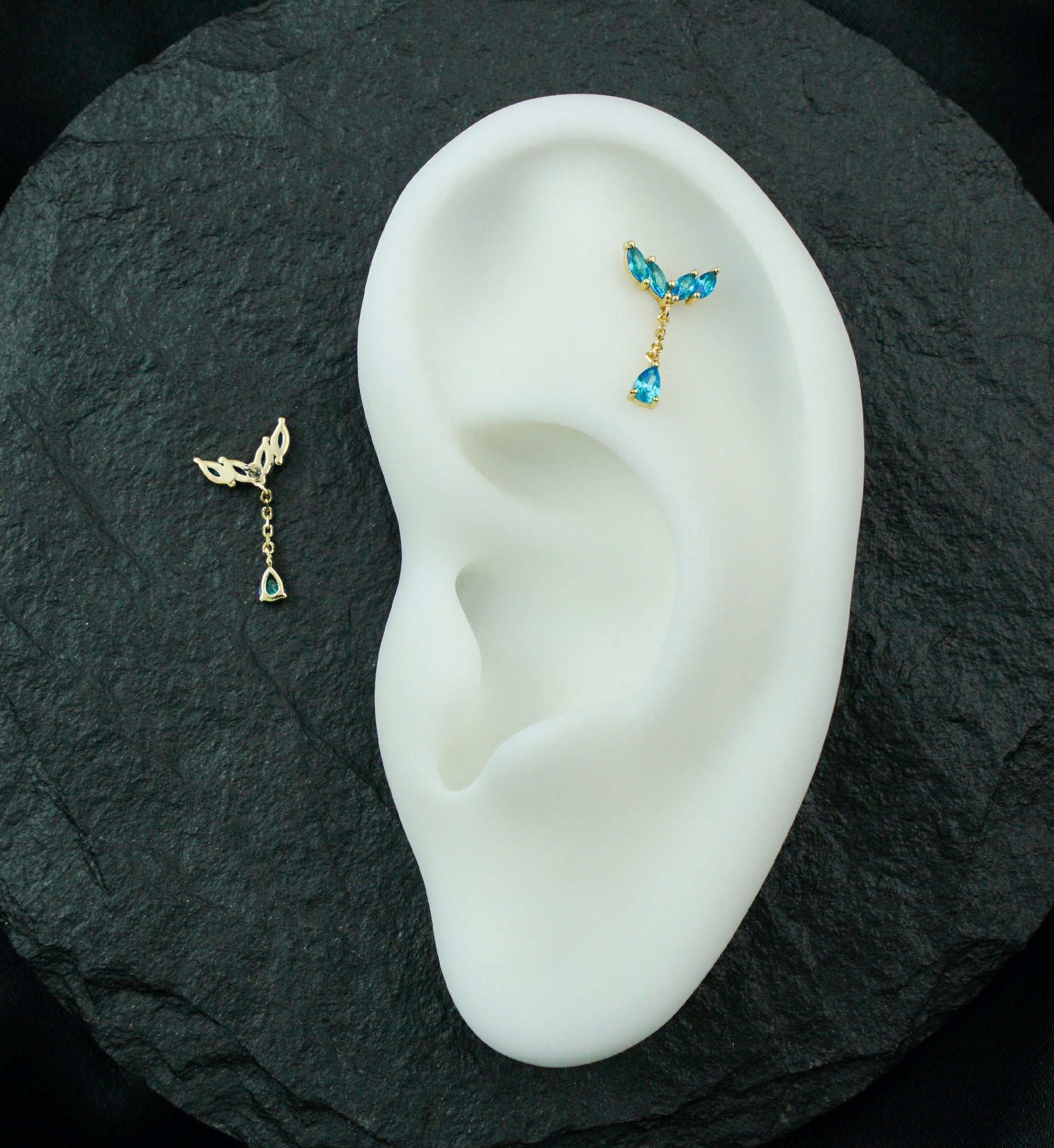 14kt Gold Arrow Marquise Blue Topaz CZ Dangle Threadless Top