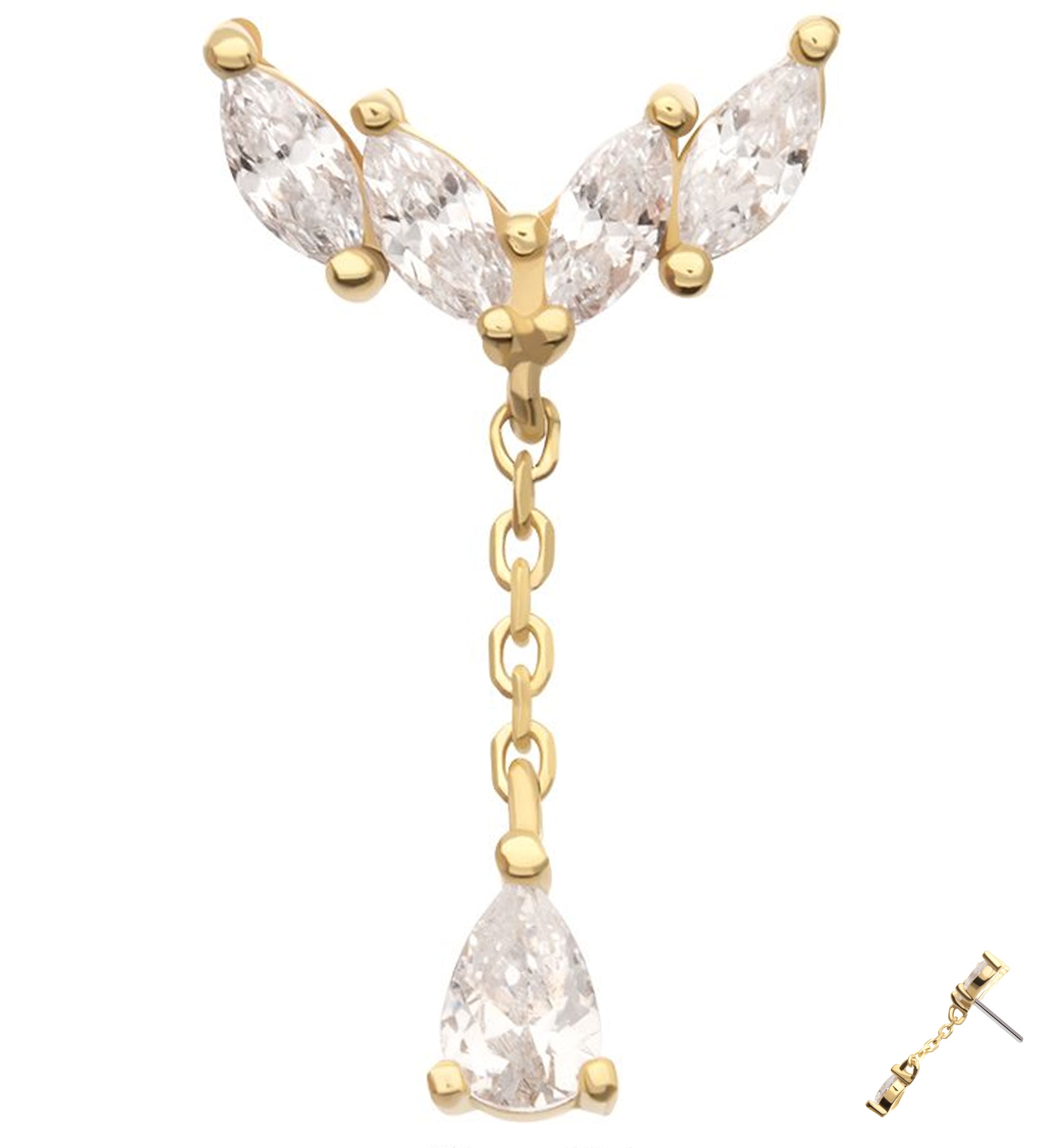 14kt Gold Arrow Marquise Clear CZ Dangle Threadless Top