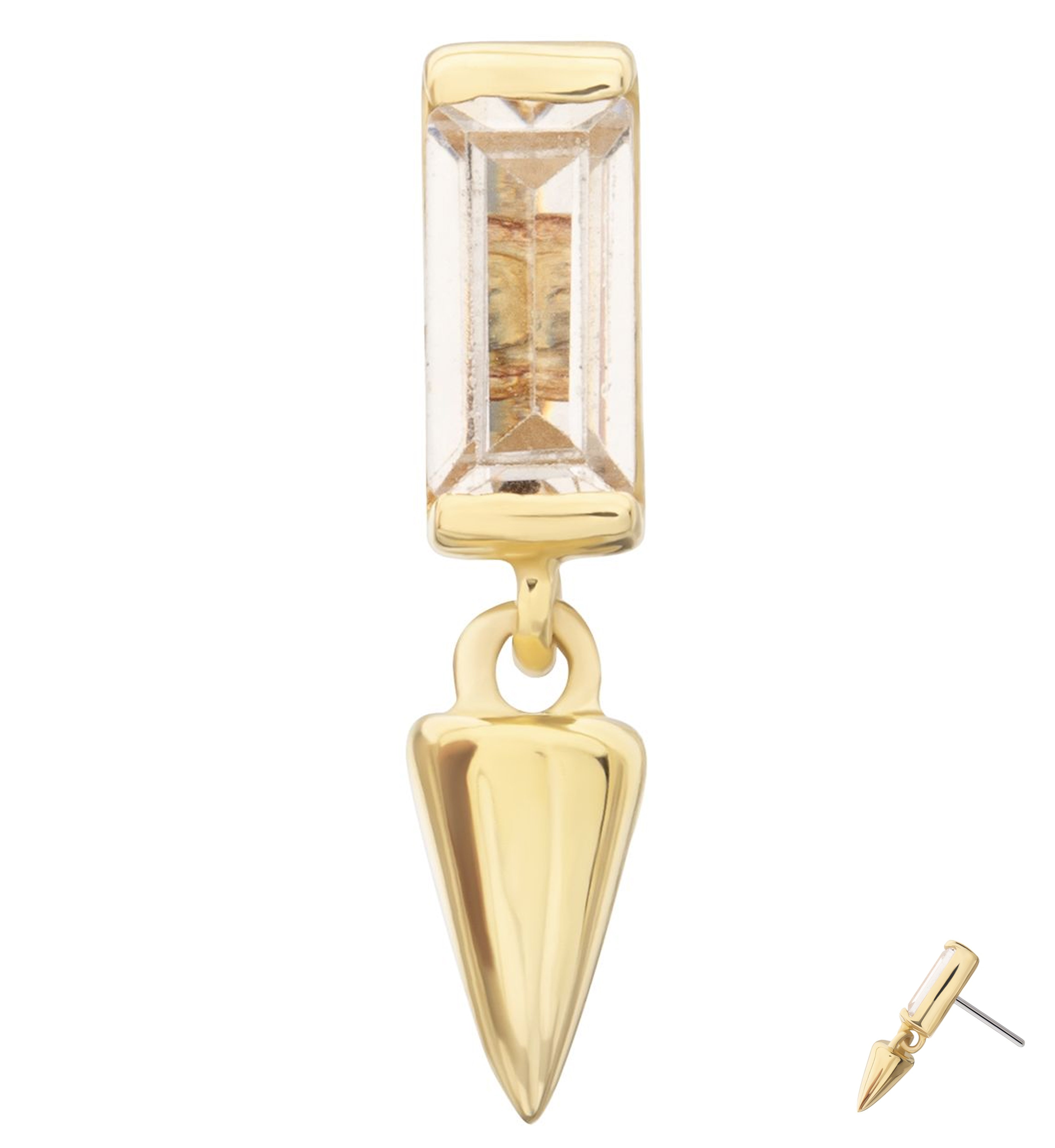 14kt Gold Baguette Clear CZ Dangle Cone Threadless Top