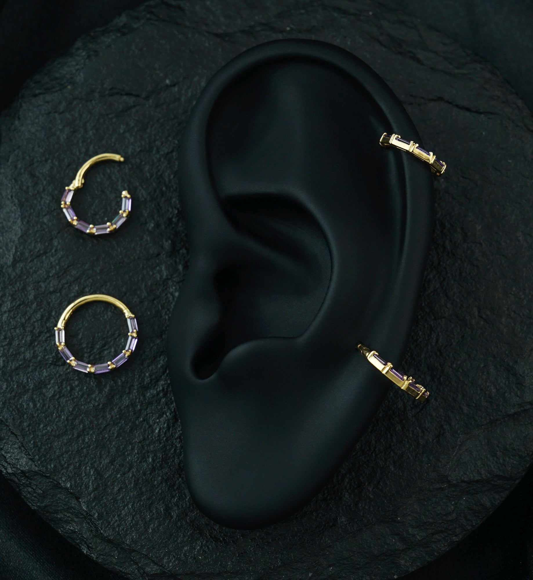 14kt Gold Baguette Row Amethyst CZ Hinged Segment Ring