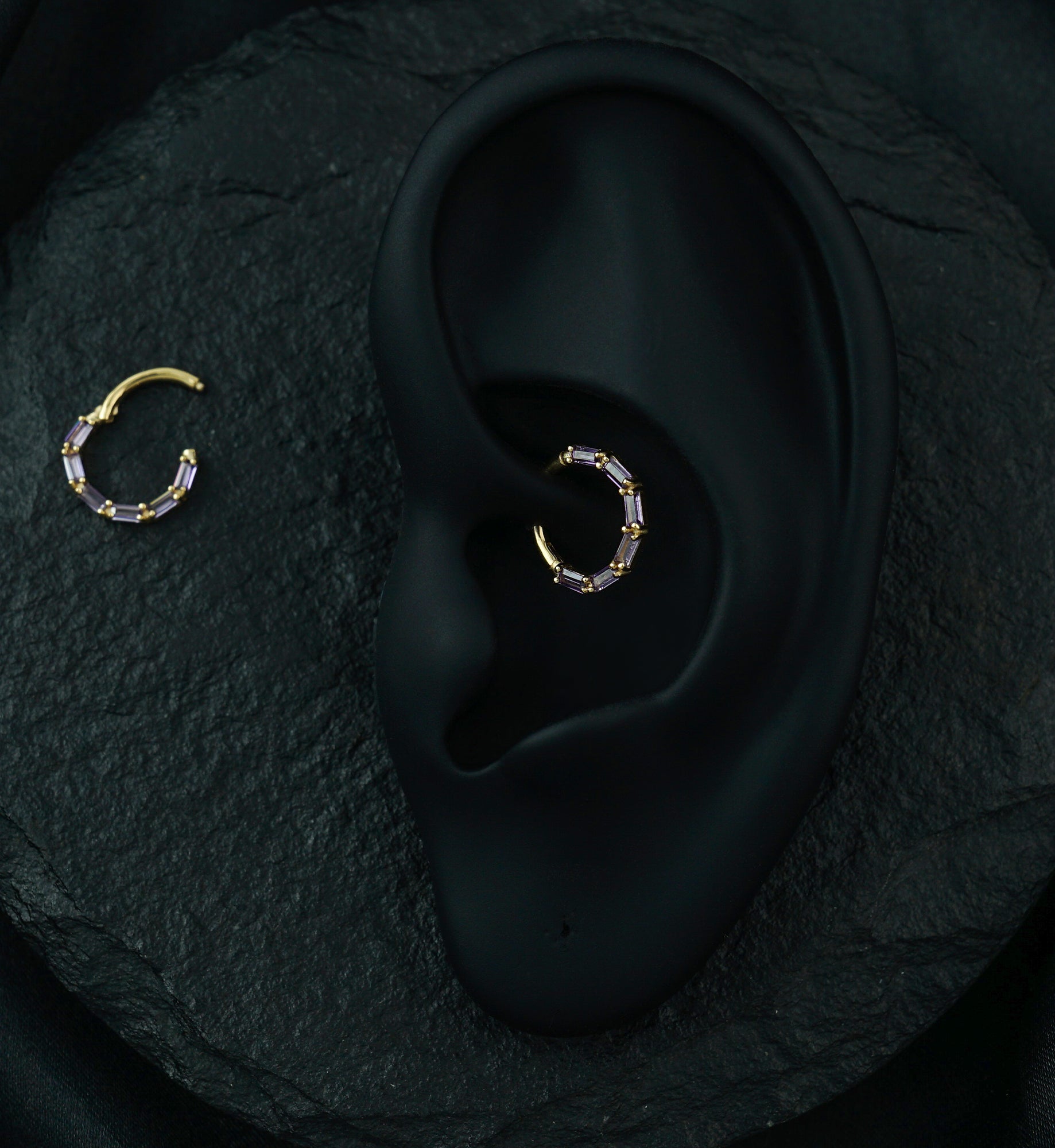 14kt Gold Baguette Row Amethyst CZ Hinged Segment Ring