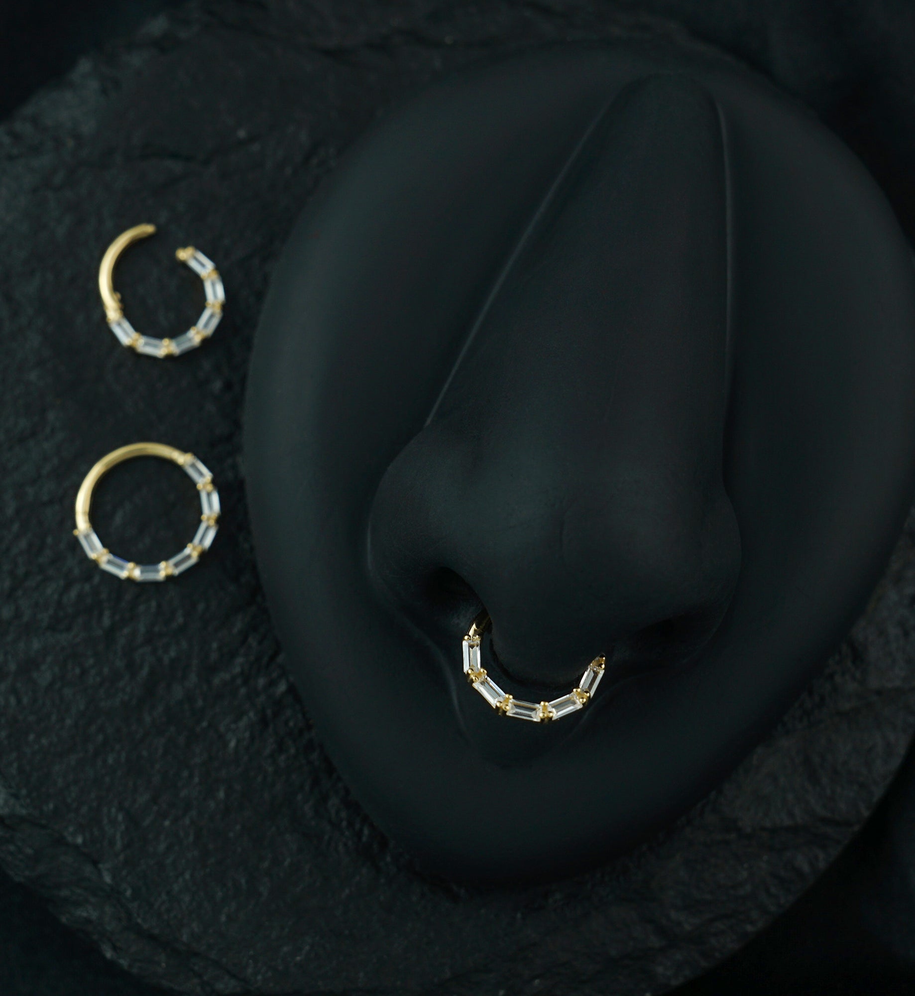 14kt Gold Baguette Row Clear CZ Hinged Segment Ring